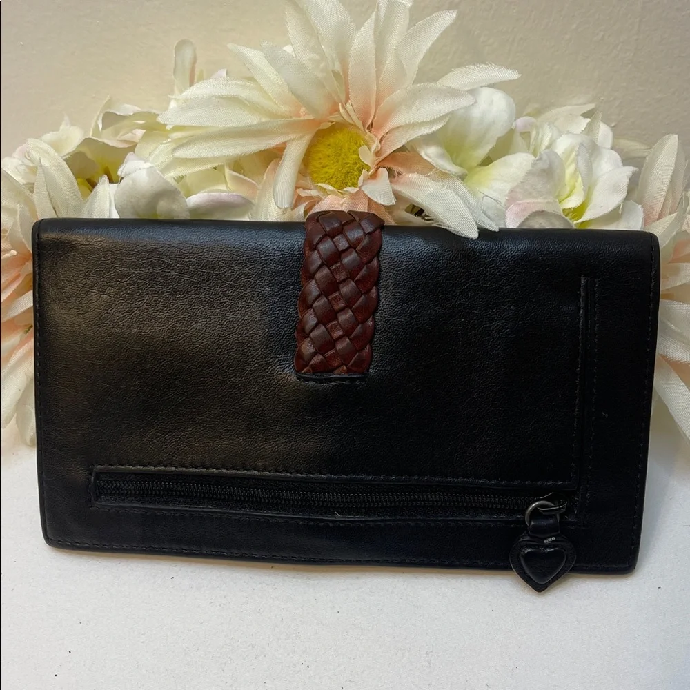 Brighton Vintage Black and Brown Wallet with Silver Heart Accent EUC